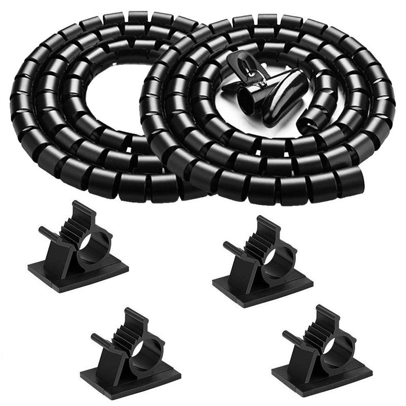 VIWIEU Black Computer Cable Management Wire Cover Electrical Cord Hider Solutions 2 PCS, VIWIEU Tangle Sprial Cable Tube with 4 Adhesive Cable Clips for TV Laptop Floor Home & Office - Image 1